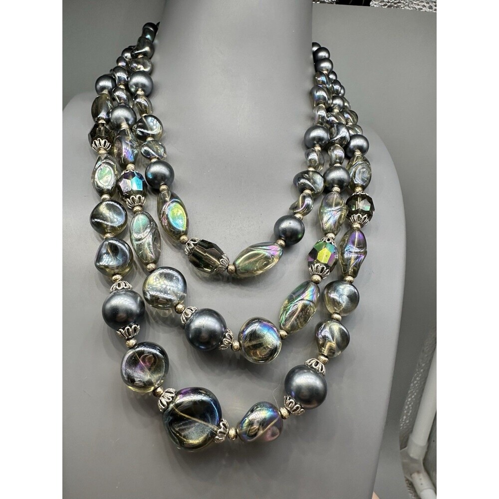 TRIFARI 3 Strand Oil Slick Aurora Borealis Glass Acrylic & Pearl Bead Necklace
